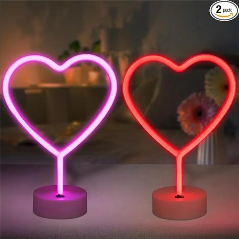 2 Pack Heart Neon Signs, LED Pink Lights Battery Operated or USB